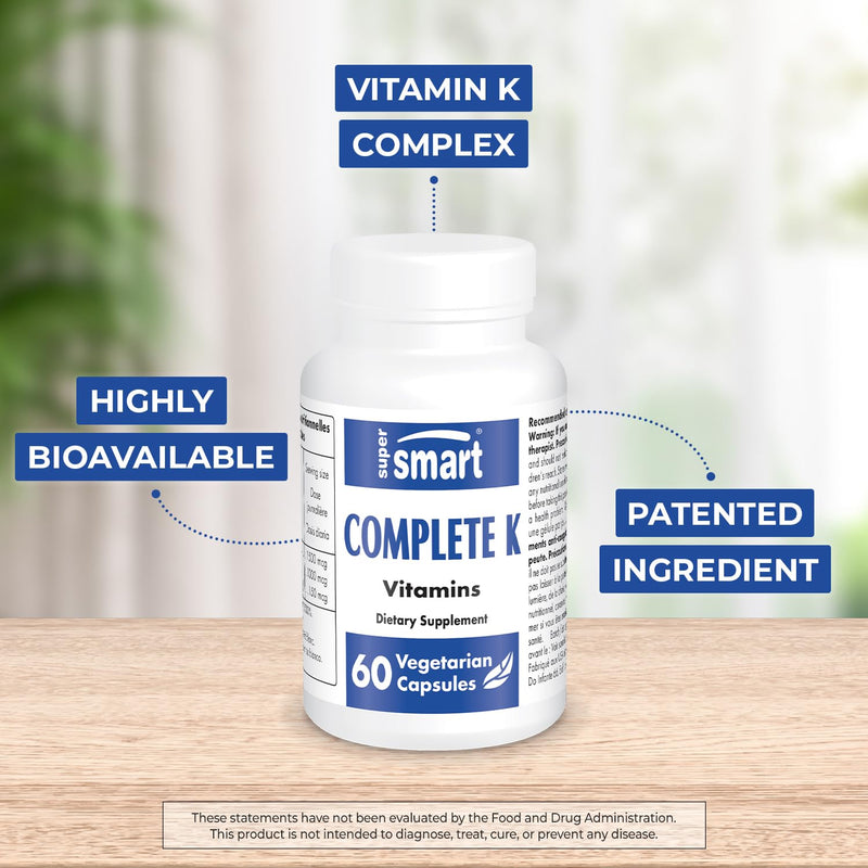 Supersmart - Complete K - with K1, K2 (MK4 + MK7) - Full Spectrum Vitamin K Supplement | Non-GMO & Gluten Free - 60 Vegetarian Capsules - BeesActive Australia