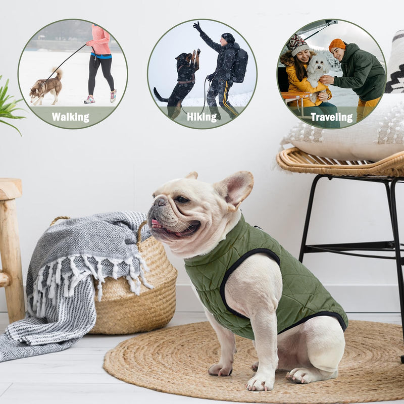 SCENEREAL Winter Dog Vest Coat with Harness Built in, Warm Dog Jacket for Small Medium Dogs, Dog Cold Weather Coats with Zipper, Fleece Puffer Vest Windproof Snow Clothes for Puppy Pet S(Chest 14") #1 Olive-Matte - BeesActive Australia