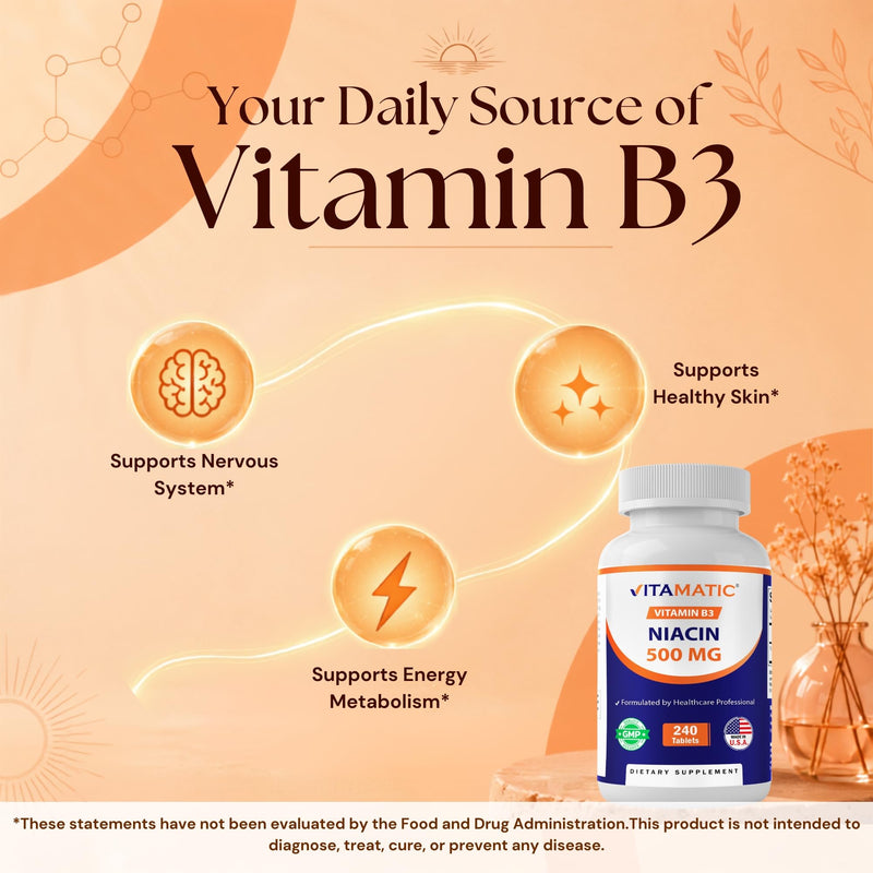 Vitamatic Niacin (Vitamin B3) 500mg,240 Tablets - Non-GMO & Gluten Free 240 Count (Pack of 1)