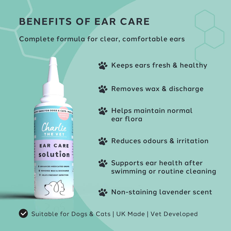 CharlieTheVet Lavender Ear Cleaner for Dogs & Cats, Daily Use, Gentle Cleansing Solution with Salicylic Acid, Removes Wax & Discharge, Maintains Healthy Ears, Vet Developed