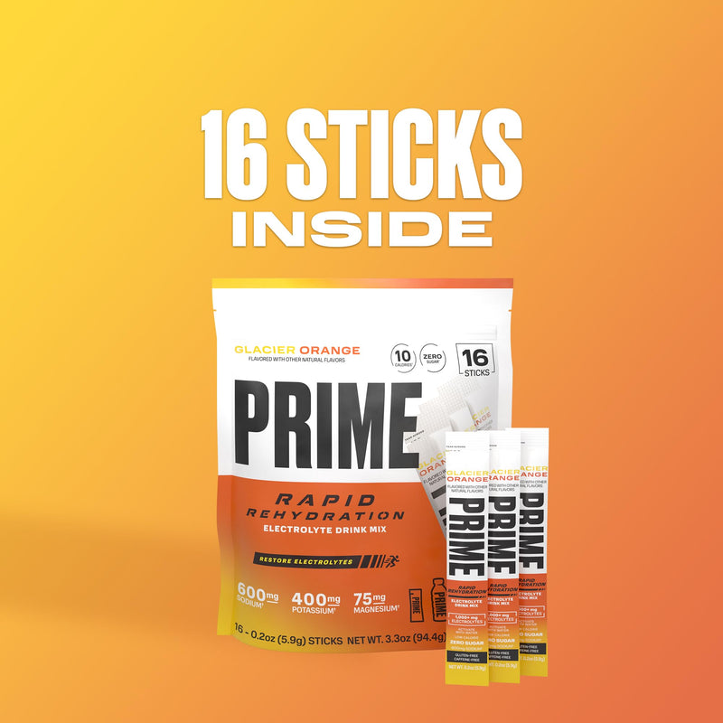 PRIME Rapid Rehydration Electrolyte Powder Sticks, Glacier Orange, Sugar Free Hydration Drink Mix with Sodium, Potassium, Magnesium & B Vitamins to Replenish Fluids, Caffeine Free, 16 Count