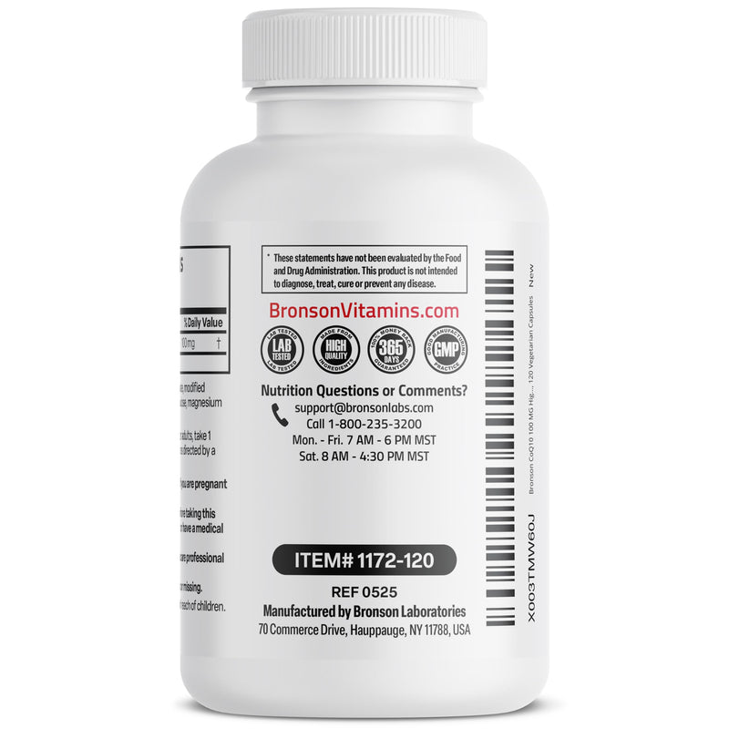 Bronson CoQ10 100 mg (Ubiquinone), High Potency, 120 Vegetarian Capsules | Cellular Energy & Heart Health Support, Powerful Antioxidant, Vegan & Gluten-Free 120 Count (Pack of 1)