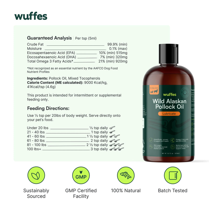 Wuffes Wild Alaskan Pollock Oil for Dogs - Natural EPA & DHA Fatty Acids, Omega 3 for Dogs, Supports Healthy Skin & Coat, Joint Nutrition, and Immune System - 100% Pure Fish Oil (16 Oz, Pollock Oil) 16 Oz - BeesActive Australia