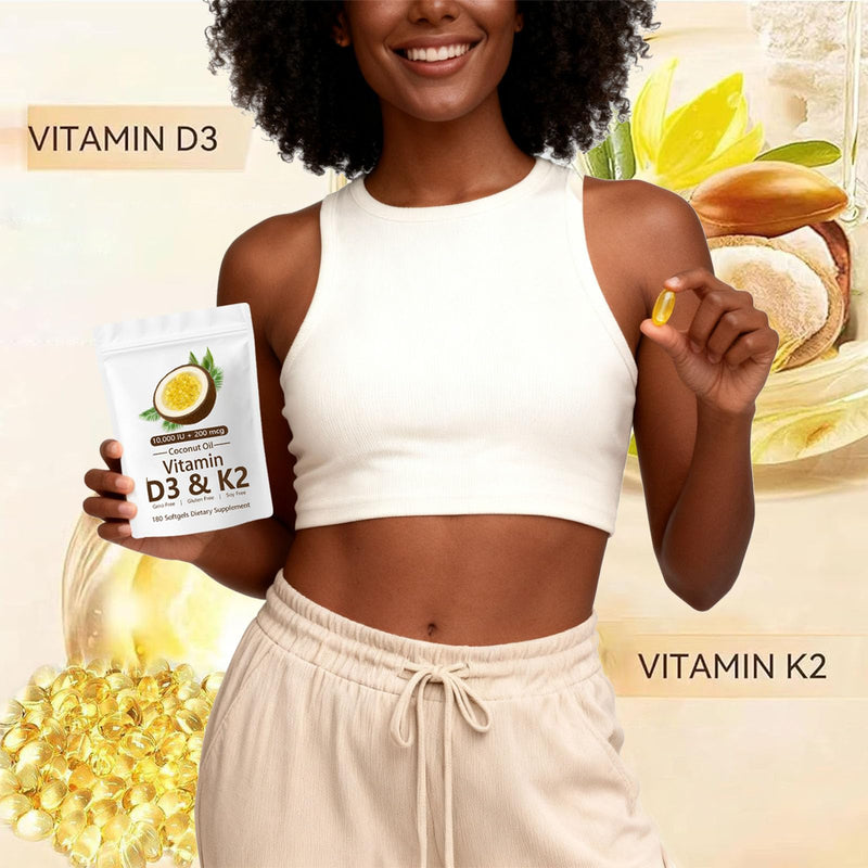 Naturals D3 K2, Vitamin D3 10000 IU + K2 200 MCG, Vitamin D3 & K2 Coconut Oil Softgels Capsules for Bone, Immune Health, Boosts Energy & Calcium Absorption, 180 Gels (1) 1