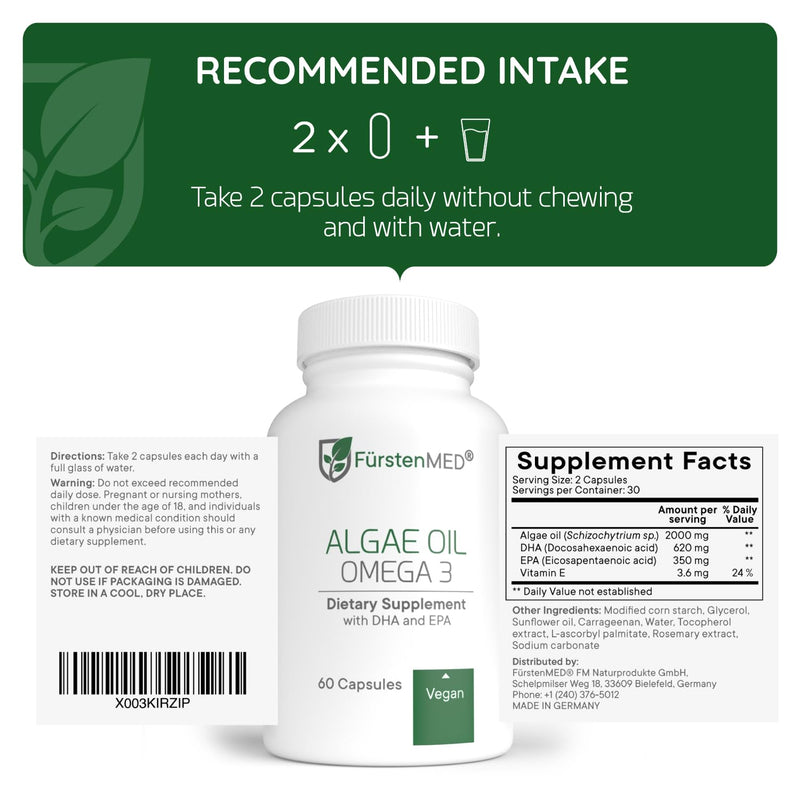 FürstenMED Algae Oil Vegan Omega 3 - Heart, Brain & Joint Health Support - 2000mg Algae Oil of which 700mg DHA & 320mg EPA + 3, 6mg Vitamin E per Daily Dose - Essential Fatty Acids 1 Count (Pack of 60)