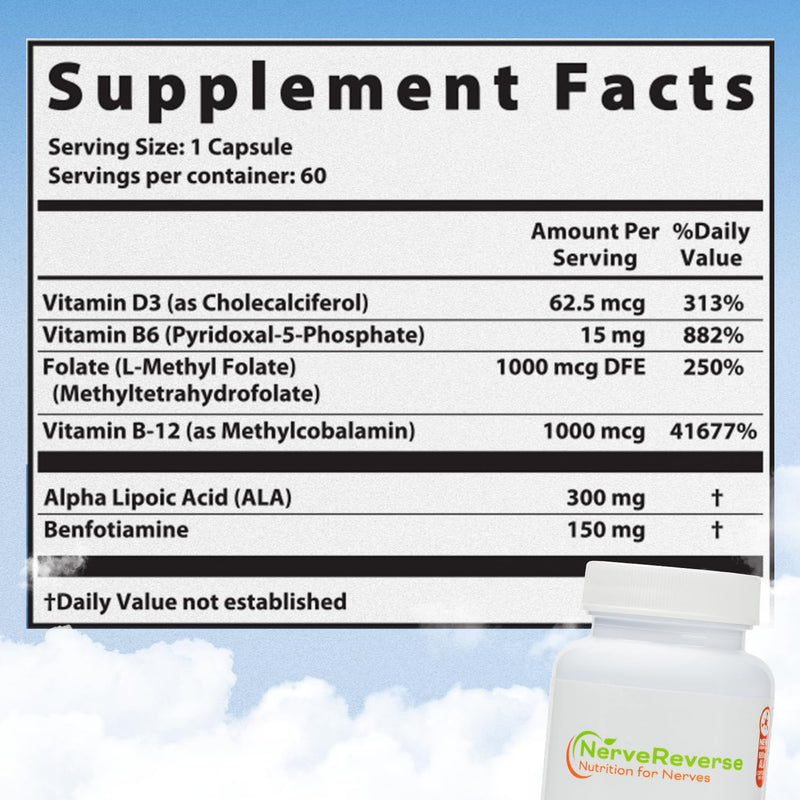 NerveReverse Neuropathy Support Formula-Alpha Lipoic Acid 600mg,Extra Strength Benfotiamine, B12, B9, B6, and D3 - Nerve, Energy, and Metabolism Support-Vegan-60 Capsules,One Month 60 Count (Pack of 1) - BeesActive Australia