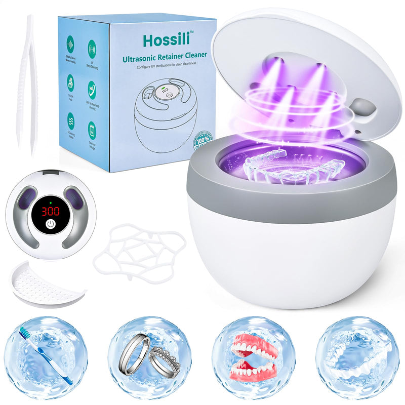 Ultrasonic Retainer Cleaner Machine, 45kHz 200ML Dental Cleaning Pod with 4 Wash Modes, Digital Timer for Denture Cleaner, Aligners, Mouth Guards, Braces, Jewelry & Toothbrush Heads (White) White_popular Version
