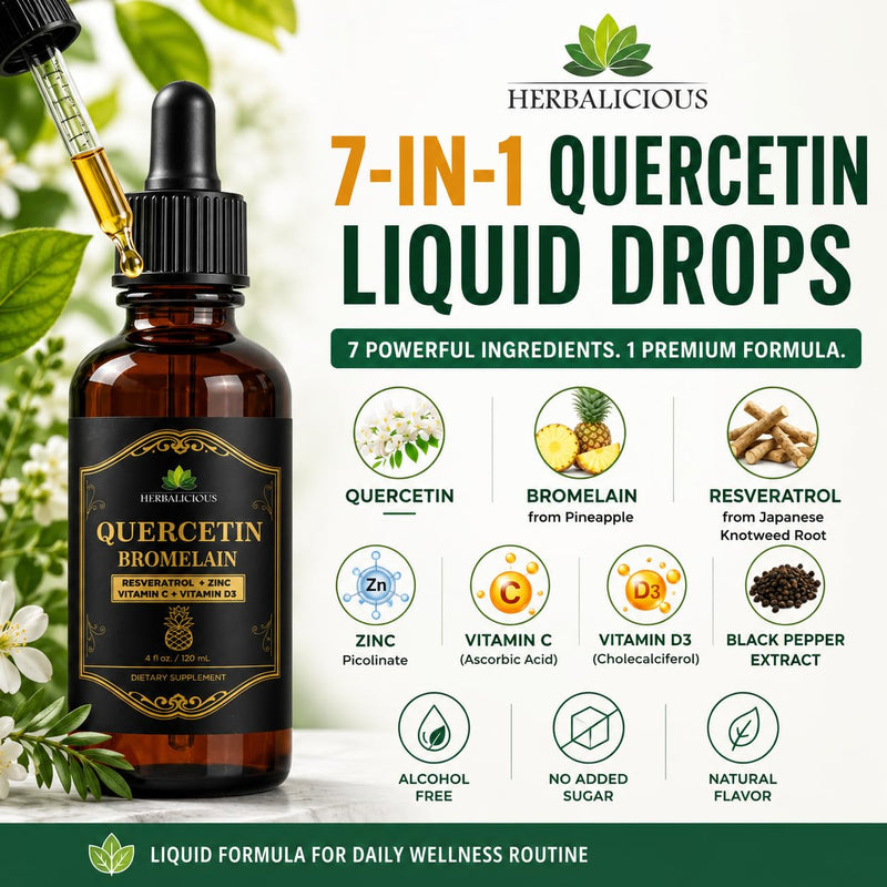 HERBALICIOUS Quercetin Bromelain Liquid with Resveratrol, Zinc, Vitamin C & D3 – Immune Support Drops – 4 fl oz (120 mL) – Fast Absorption – Non-GMO Dietary Supplement