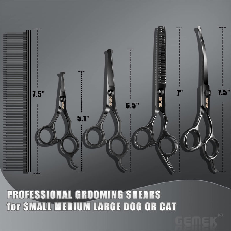 Dog Grooming Scissors Set with Round Safety Tips, GEMEK Professional 6 in 1 Dog Grooming Scissors, Titanium Coated Heavy Duty Scissors for Dogs, Cats and Other Animals (Black) Black - BeesActive Australia