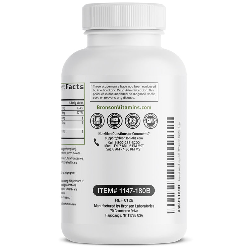 Bronson L-Lysine Defense Immune Support Complex, 1500 mg, 180 Capsules | Essential Amino Acid with Olive Leaf, Garlic, Vitamin C & Zinc, Vegetarian, Non-GMO, Gluten-Free & Soy-Free 180 Count (Pack of 1)
