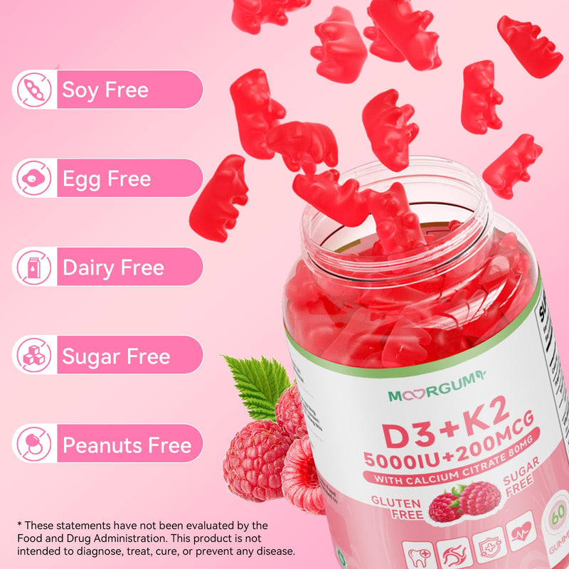 Vitamin D3 K2 Gummies with 5000IU D3, 200mcg K2 (MK-4 & MK-7 Blend), 80mg Calcium, Supports Calcium Absorption, Bone Health & Immune Support, Raspberry Flavor, 60 Count