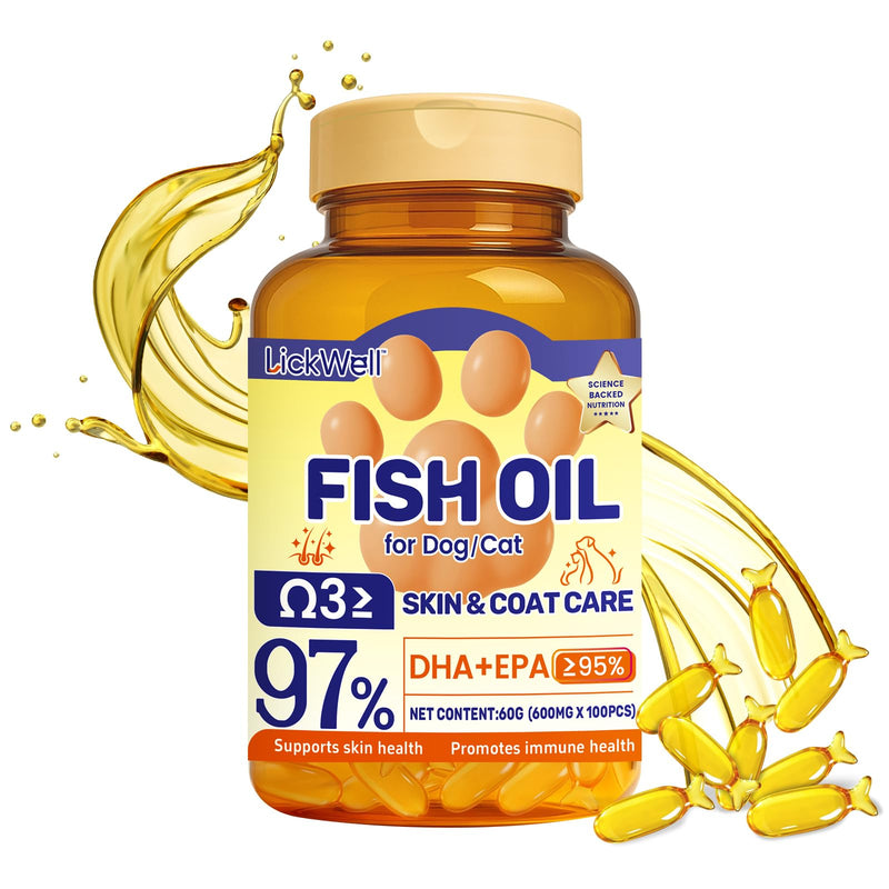 Fish Oil Pet Up to 97% Omega 3, 600 mg Omega 3 Per Soft Gel, Dog Fish Oil Supplement ≥95% EPA and DHA, Promotes Skin, Coat, Joint, and Immune Health, 100 Capsules