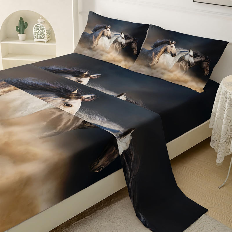 Horse Sheet Set,Running Horse Kids Bed Sheets,Galloping Horse 16" Deep Pocket Bed Sheet Set for Boys/Girls/Kids/Teens，4 Piece Sheet Set,1 Fitted Sheet,1 Flat Sheet and 2 Pillowcases，Twin Size Horse 5 Twin - BeesActive Australia