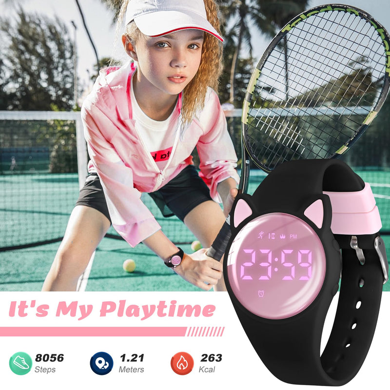 Kids Digital Watches for Girls Boys, Sports Watch with Fitness Tracker, Pedometer, Alarm Clocks, Stopwatch, No App Needed & Waterproof Kids Watch, Gift for Teens Girls Boys Ages 5-14 T6F-DJ-BlackPink-Y - BeesActive Australia