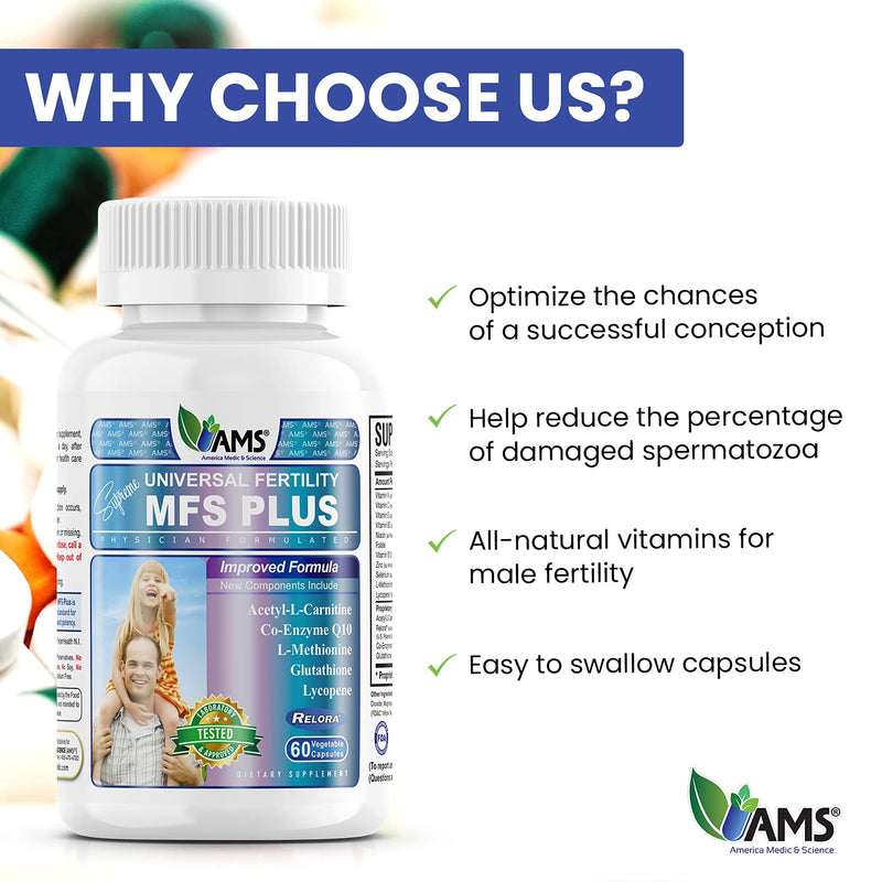 America Medic & Science MFS Plus Fertility Supplements for Men (60 Capsules) Sperm Count Booster, Supports Motility | Natural Preconception Vitamins, Reproductive Aid, with Zinc, CoQ10 60