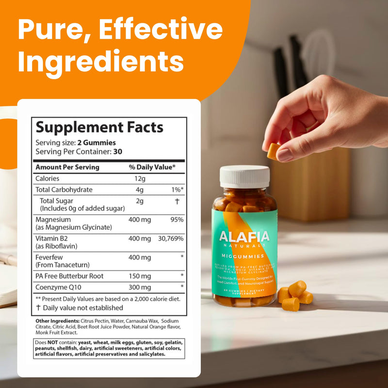 Alafia Naturals Miggummies - World's First Cranial Comfort and Support Gummy - Magnesium Glycinate, Butterbur, Feverfew, CoQ10, Vitamin B2 400mg Riboflavin 400mg 60ct