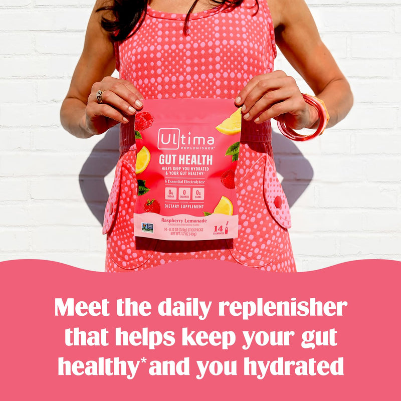 Ultima Replenisher Gut Health Supplement and Electrolytes Powder - Raspberry Lemonade, 14 Stickpacks - Hydration Packets with Added Gut Health Benefits - BeesActive Australia