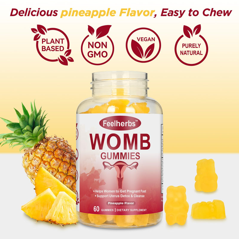 Womb Gummies for Women Ovary & Uterus Cleanse Detox, Pineapple Feminine Balance Fertility Gummies to Help Get Pregnant, Vegan Fertility Support, Gluten-Free, 60 Count