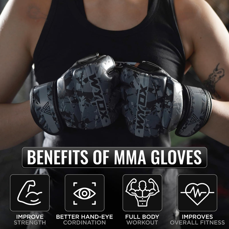 WYOX MMA Gloves for Men & Women – Grappling & Sparring Boxing Gloves with Open Palm Design, Padded Fingerless Training Gloves for Kickboxing, Muay Thai L / XL (21-27 cm) Grey Camo