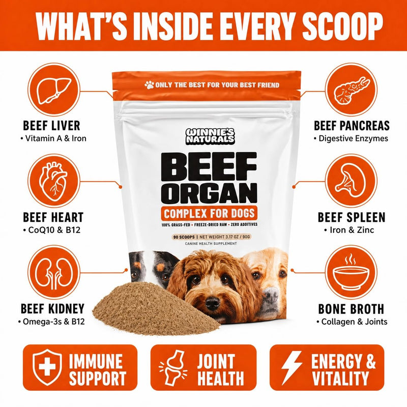 Winnies Naturals Beef Organ Complex Supplement for Dogs, Grass Fed Beef Organs Meal Topper, Dog Multivitamin, Dog Joint Health Supplement Support, Raw Food Supplement for Dogs, 90 Servings