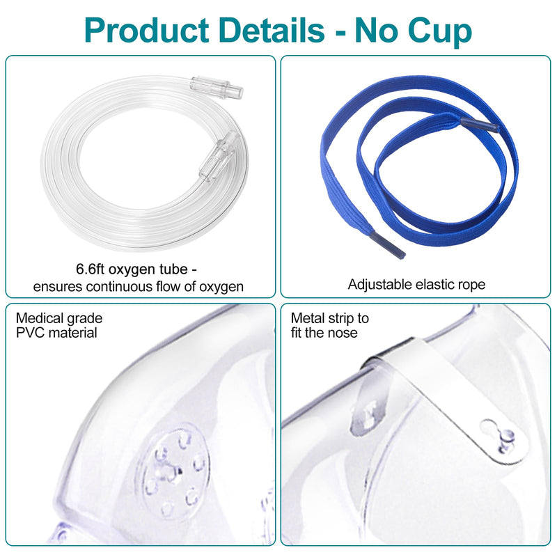 2 Pack Oxygen Mask for Face with 6.6 Ft Tubing and Adjustable Elastic Strap - Adult - Clear Size M (No Cup) - BeesActive Australia