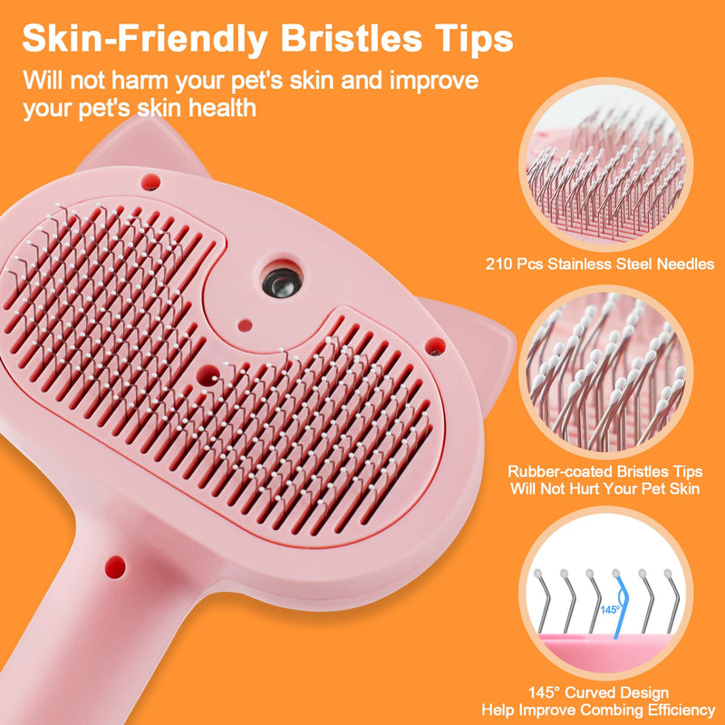 Cat Steam Brush for Shedding, 4 in 1 Steamy Cat Brush with Release Button, Self Cleaning Metal Pet Misting Hair Comb with Long Handle for Grooming Indoor Kitten Dogs(Pink) Pink - BeesActive Australia