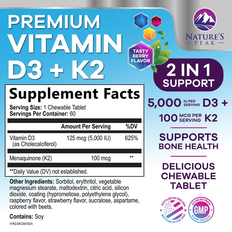 Vitamin D3 K2 - 5000 IU Vitamin D3 & 100 mcg Vitamin K2 MK-7 per Serving - Bone, Heart, & Immune Health Support - Calcium Absorption - D3K2 Berry Chew, Gluten Free, Non-GMO, Bottled USA - 60 Tablets 60 Count (Pack of 1)