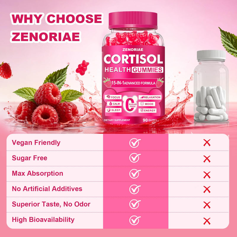 Cortisol Supplements for Women & Men, Sugar Free, 15-in-1 Cortisol Gummies, with Magnesium, Ashwagandha, L-Theanine & Rhodiola, Stress, Mood & Focus Support, Vegan, Cortisol Reducer, 90 Count 90 Count (Pack of 1)