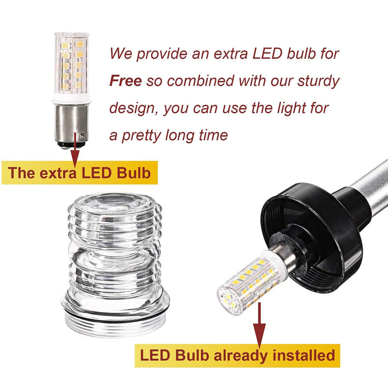 12 inch 3 Nautical Mile Navigation Anchor Lights All Round 360° White LED With Aluminum Base and Tube, Extra LED Bulb Included, 12-24V 12 Inch Foldable