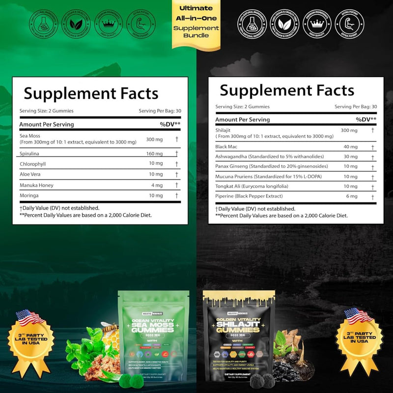 Sea Moss & Pure Himalayan Shilajit Gummies Gold | 100% Natural Organic Vegan | No Added Sugar | Ashwagandha Tongkat Ali Ginseng Spirulina Moringa Manuka Honey | 60 Gummies 2 Pack