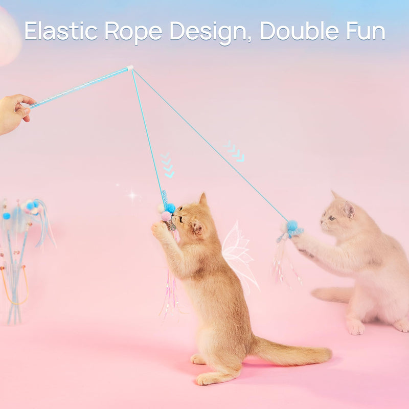 Potaroma Interactive Wand Cat Toys Toy, 5 Pcs Kitten Feather Toys for Indoor Cats to Chase and Exercise, Fun Cat Teaser, Light Blue - BeesActive Australia
