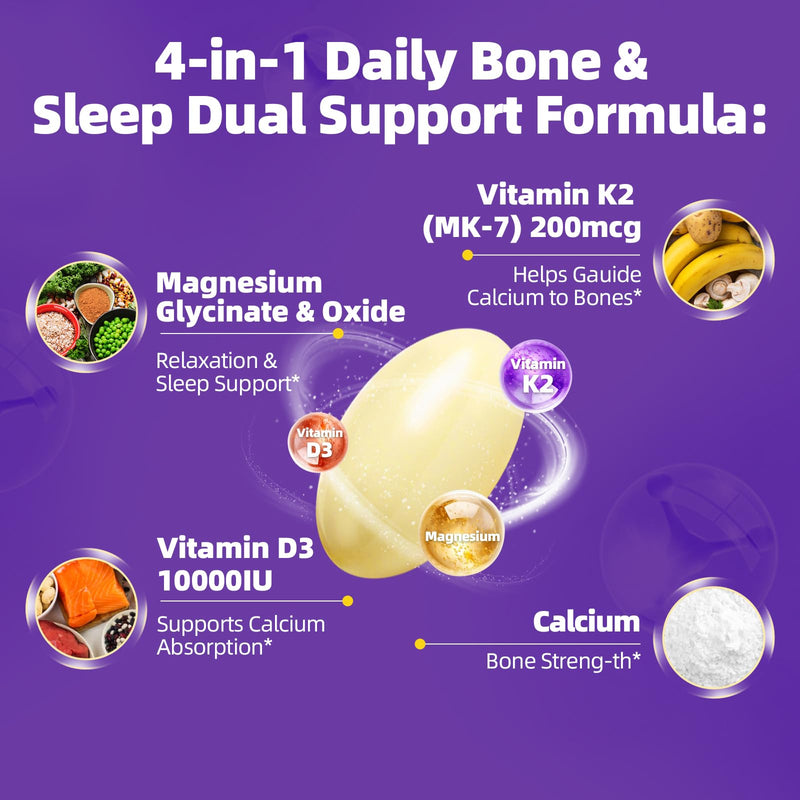 Magnesium Softgels with 10000IU Vitamin D3 + 200mcg K2 MK-7, 2Pack | Easy to Swallow high absorption Magnesium Small Pills, Support Daily Calcium, Sleep, Immune Health for Women/men 120 Count (Pack of 2)