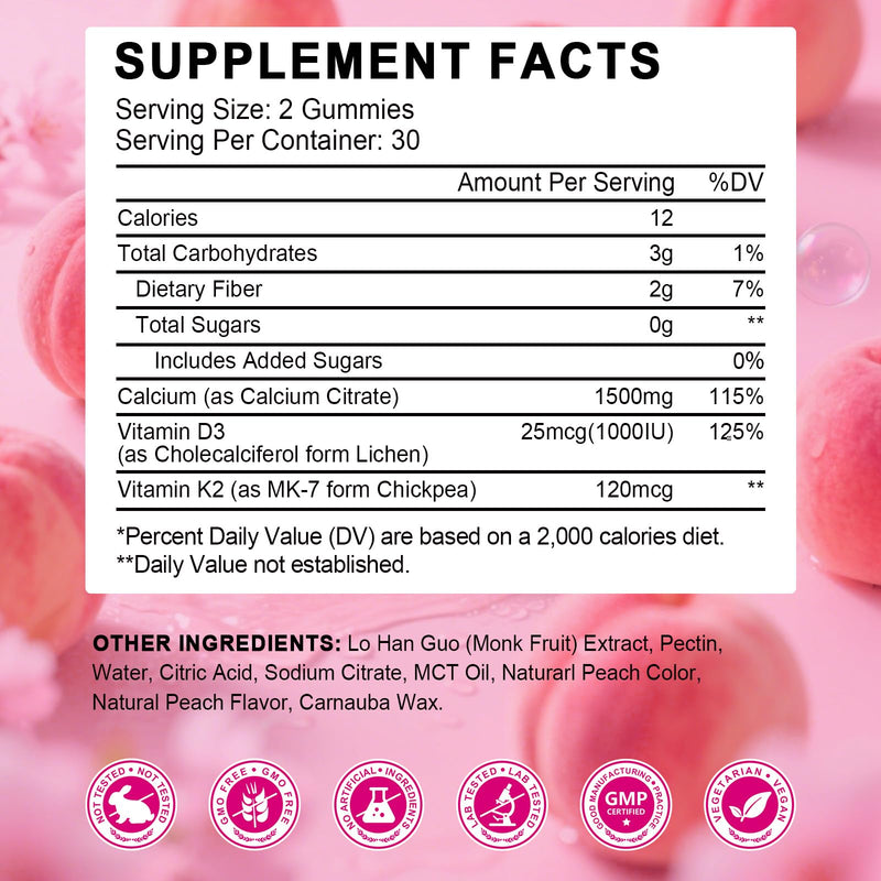 Calcium Citrate 1500 mg Gummies with Vitamin D3 K2 for Women, 60 Day Supply | Calcium Supplements for Women 50 Plus, Bone & Teeth Support, High Absorption, Easy to Digest, Sugar Free, Vegan, Peach Flavor