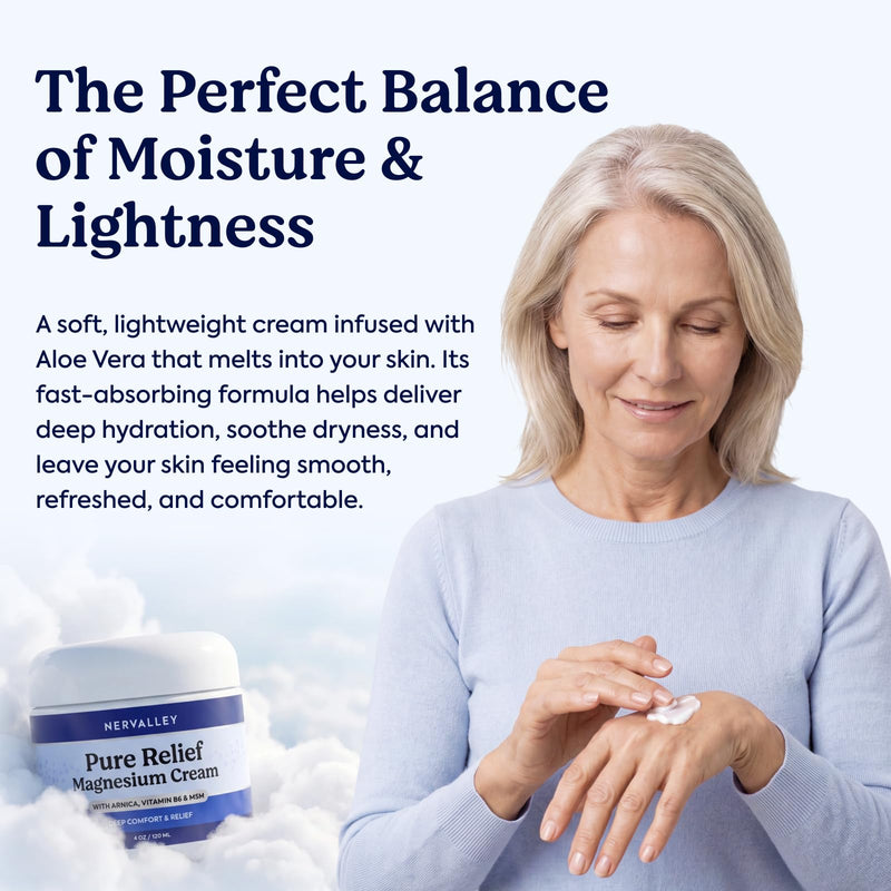 Pure Relief Magnesium Cream - Dead Sea Magnesium Lotion with MSM & Arnica | with MSM, Arnica & Vitamin B6, Soothing Topical Cream For Feet, Legs & Hands, For Nerve Pain, Fast-Absorbing, 4 Oz