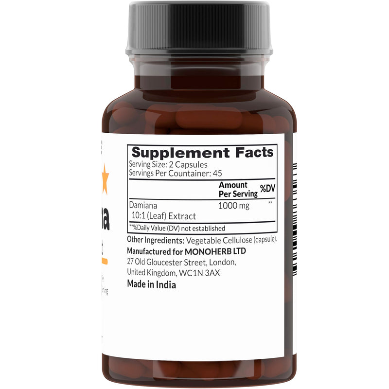 MONOHERB Damiana 10:1 Extract - 1000 mg per Serving - Serving Size: 2 Capsules - 45 Servings per Bottle 90 Count (Pack of 1)