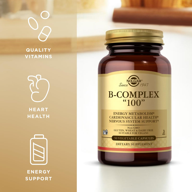 Solgar B-Complex "100", 50 Vegetable Capsules - Nervous System Support - Supports Energy Metabolism - Non-GMO, Vegan, Gluten Free, Dairy Free, Kosher - 50 Servings 50 Count (Pack of 1)