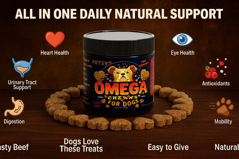 PETSY OMEGA 3 For Dogs Antioxidants Supplement UK, OMEGA 3 6 9, Daily Natural Wellness Treats 120 Supplement Heart Kidney Digestion vision Mobility Chews Puppy Adult Senior