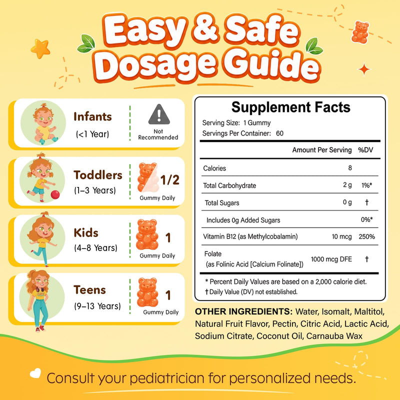 Folinic Acid Gummies for Kids, 1000mcg Folinic Acid + B12, Orange Flavor | Brain & Growth Support, Methylcobalamin B12, Sugar Free, Gelatin Free, Kids & Teens, 60 Count