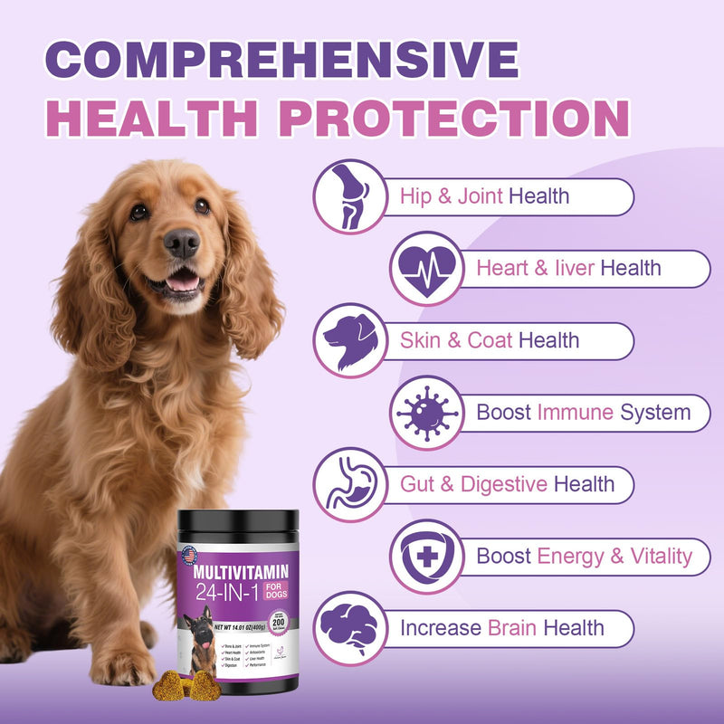 Dog Multivitamin Chewable 200 Ct Dog Vitamins and Supplements Containing Chondroitin Omega Probiotics Glucosamine for Dogs Skin and Coat, Hip & Joint, Heart, Liver, Brain, Eyes - Suitable for all dogs