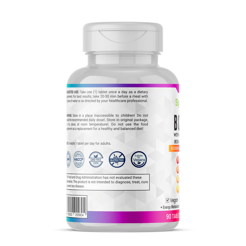 Vitamin B Complex with Vitamin C, Iron, Magnesium & Choline - High Potency B1-B12 Tablets - Energy, Metabolism & Nervous System Support - Vegan, Non-GMO - 90 Tablets