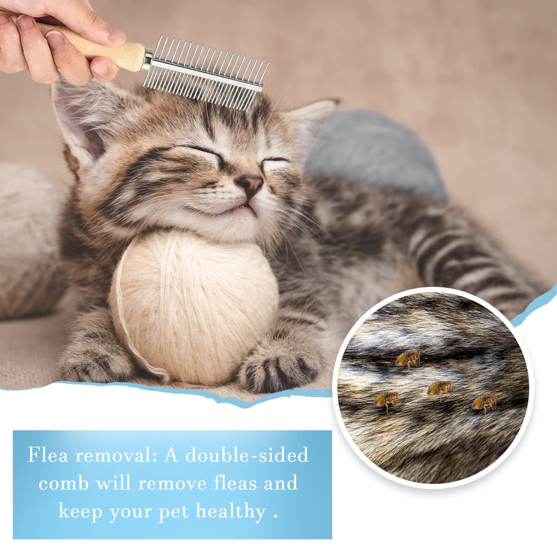 Stainless Steel Pet Grooming Comb Set - 2 Pcs Double-Sided Metal Combs with Wooden Handles for Dogs and Cats, Long and Short Fur, Flea Removal Brush Tool - BeesActive Australia