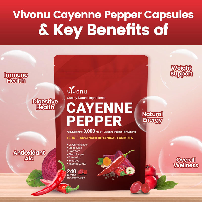 VivoNu Cayenne Pepper Softgels | Leg Vein & Heart Support, Hawthorn, Beetroot & Berberine (2 Bag) | Supports* Leg Vein, Heart & Blood Vessel Health; Vitamin E, D3+K2, Grape Seed, Hawthorn, Beetroot & Berberine 2 Bag