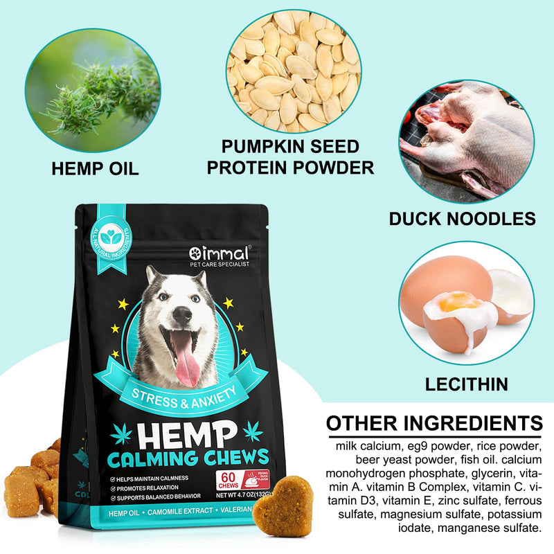 Calming Chews for Dogs with Anxiety and Stress - 60 Soft Dog Calming Treats - Storms, Barking, Separation - Valerian Root - Melatonin, Dog Anxiety Relief (Peking Duck) Peking Duck