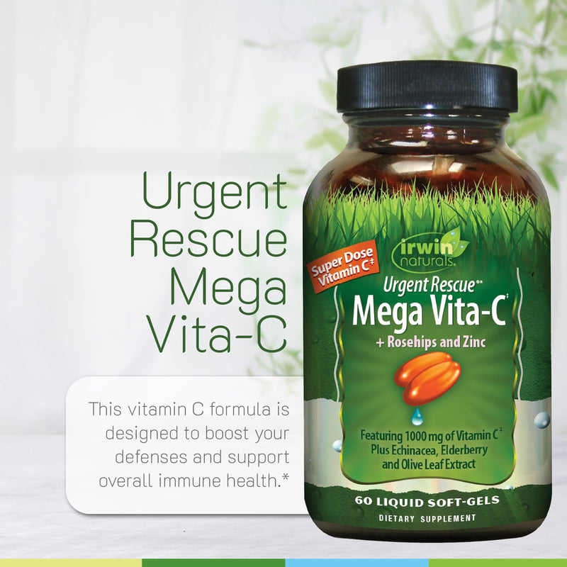 Irwin Naturals Urgent Rescue Mega Vita-C Rosehips Zinc 60 Liquid Softgels | 1,000 mg of Vitamin C | Immune Support with Rosehips and Zinc | The Power Of C | Immune Support | 60 Softgels 60 Count (Pack of 1)