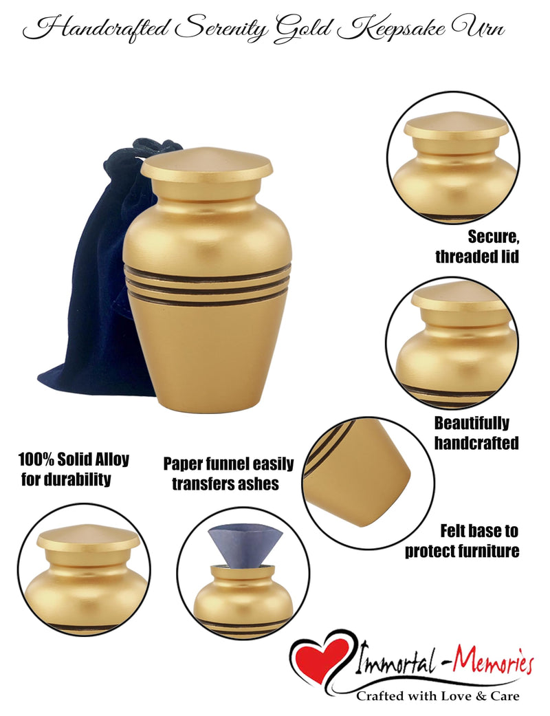 Immortal-Memories Serenity Keepsake Urn for Ashes - Miniature Urns - Mini Jar - Pet Urn - Token Urn with Velvet Bag (Gold) Gold-1 - BeesActive Australia