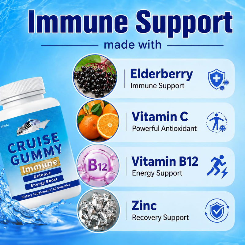 Cruise Gummies, Immune Support, Travel Immunity Defense & Energy, with Vitamin C, Zinc, Elderberry, 60 Chewable Gummies
