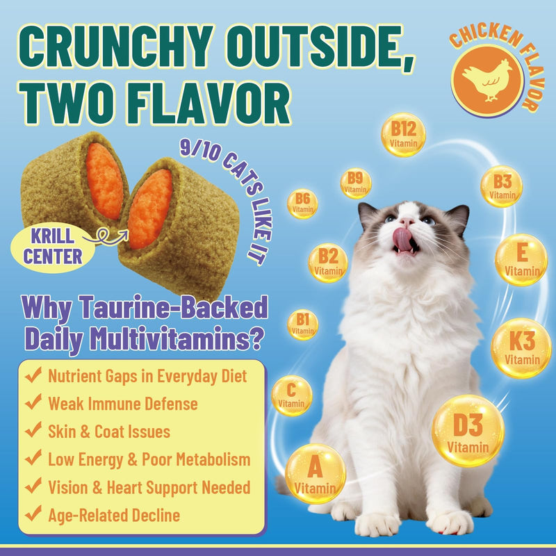 Cat Taurine Supplement Bundle, 2 Pack Cat Multivitamin & CoQ10 Treats, 1000 Chicken & Krill Crunchy Chews for Heart, Vision, Immune, Digestion, Skin & Coat, Daily Vitality Support for Adult & Senior C