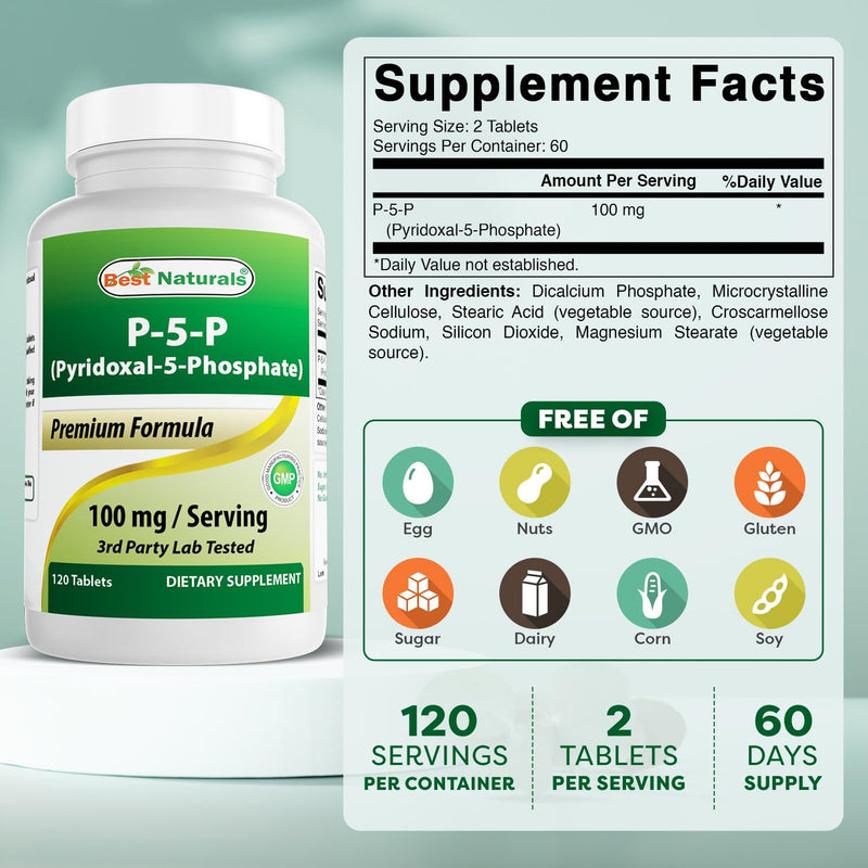 Best Naturals P5P Vitamin B6 (Pyridoxal 5 Phosphate) 100 mg/Serving - 120 Tablets - an Active Form of Vitamin B6. 120 Count (Pack of 1)