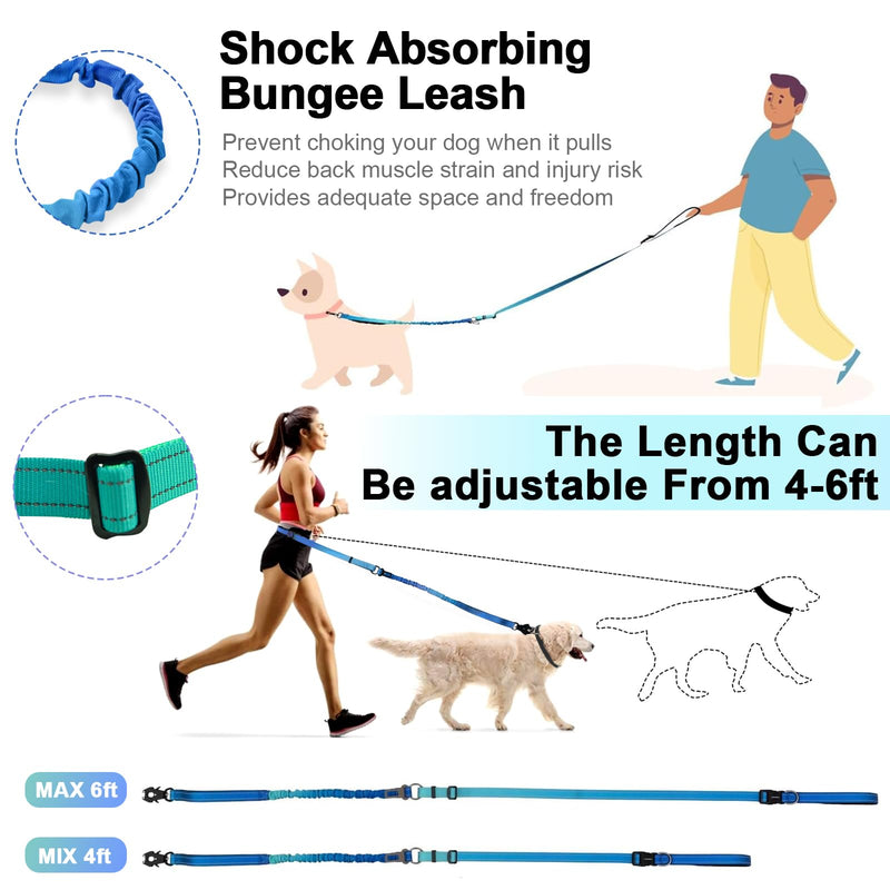 Heavy Duty Hands Free Dog Leash with Quick Release Carabiner and Adjustable No Pull Bungee Dog Running Waist Leash，for Walking and Training with Car Seat Belt 4-6FT (Aquamarine) Aquamarine - BeesActive Australia
