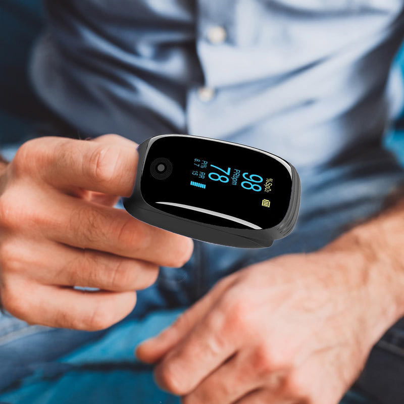 Fingertip Pulse Oximeter with Respiration Rate & Respiratory Monitoring SpO2, Heart Rate, PI & RR Measurements, Blood oximeter Rechargeable 6 Display Modes & 4-Way Rotatable Screen for Home & Sports UseÔºàBlackÔºâ